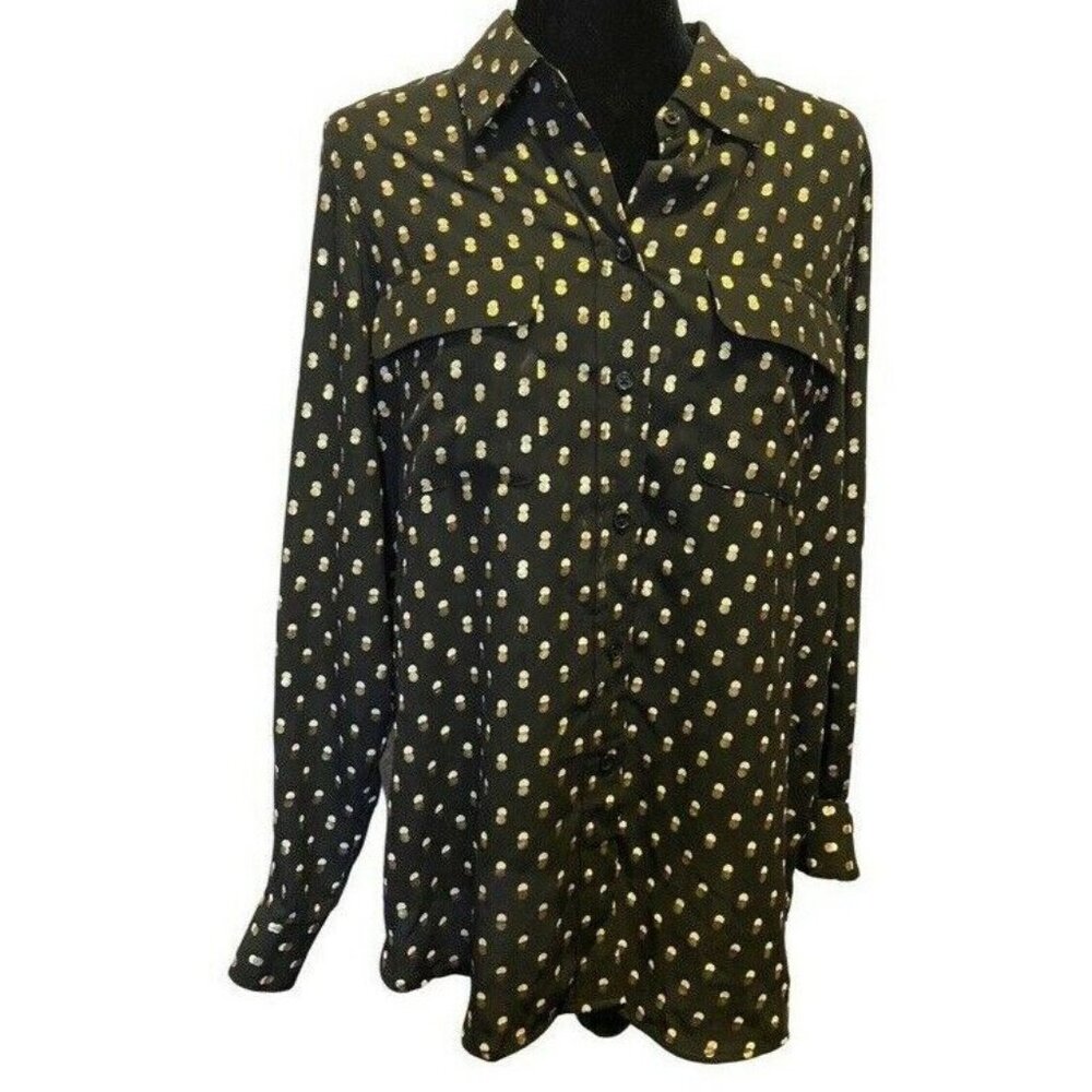 Who What Wear Women's Blouse, Black Metallic Polka Dot, XL Long Sleeve